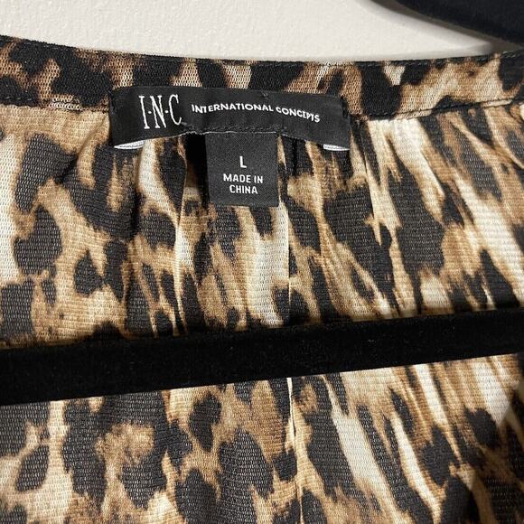 INC Large Blouse Sheer Animal Print Cheetah Leopard Lace-Up Elastic Cuff Metal - Picture 3 of 9